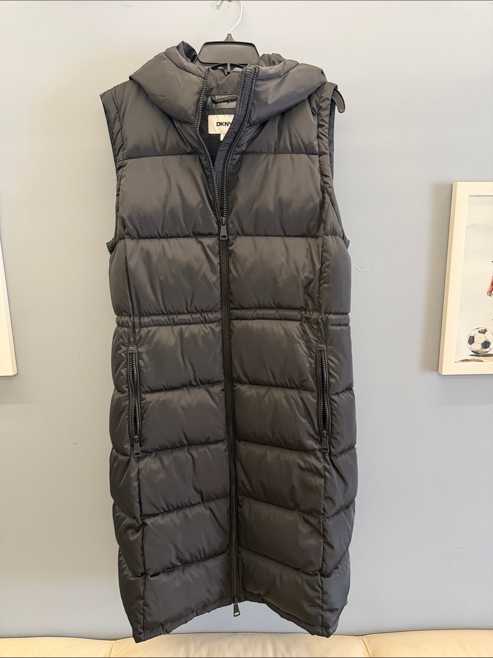 DKNY Black Quilted Long Hooded Puffer Vest